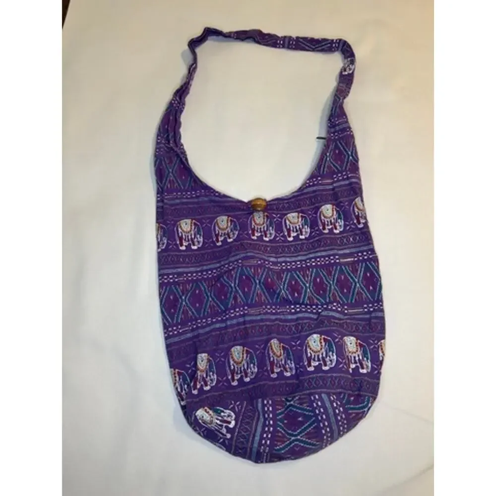 Purple Elephant Print Boho Sling Bag Hippie Hobo Shoulder Purse Zip Pockets